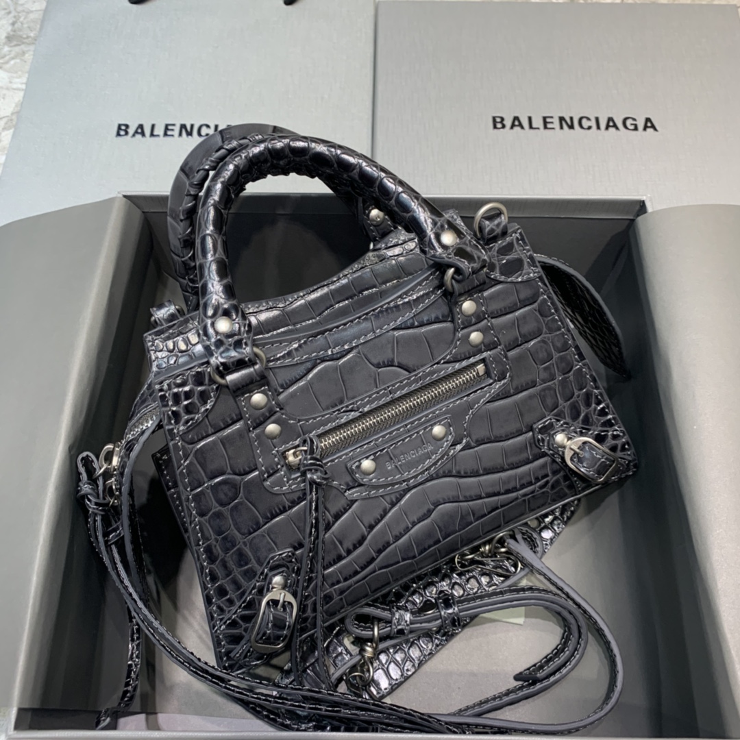 Balenciaga Neo Classic Mini Handbag Crocodile Embossed Shoulder Bag Dark Gray